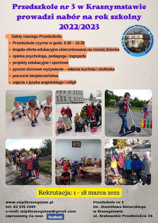 650 Przedszkole nr 3 w Krasnymstawie prowadzi nabór na rok szkolny 20222023